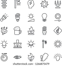 Thin Line Icon Set - sun vector, brainstorm, bulb, fire, garden light, eye, traffic, torch, brightness, fireplace, beer, candle, smoke detector, energy saving, outdoor lamp, alarm led, shining head