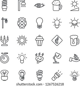 Thin Line Icon Set - sun vector, brainstorm, bulb, garden light, eye, traffic, torch, brightness, desk lamp, beer, candle, smoke detector, energy saving, outdoor, alarm led, palm sproute, idea