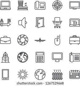 Thin Line Icon Set - sun vector, plane, airport building, case, mouse, notebook pc, earth, route, monitor, laptop, mobile, camera, office, calculator, phone, chair, target, heater, intercome, sound