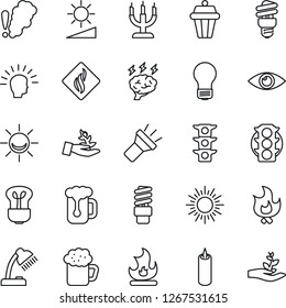 Thin Line Icon Set - sun vector, brainstorm, bulb, fire, eye, traffic light, torch, brightness, desk lamp, beer, candle, smoke detector, energy saving, outdoor, alarm led, palm sproute, shining head