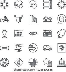 Thin Line Icon Set - sun vector, radar, office building, pennant, barbell, heart hand, eye, term, film frame, network, favorites list, fingerprint id, calendar, house with tree, sweet home, car