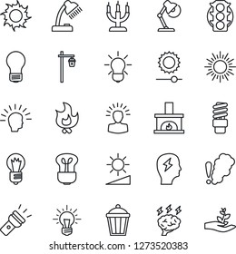 Thin Line Icon Set - sun vector, brainstorm, bulb, fire, garden light, traffic, torch, brightness, desk lamp, fireplace, candle, smoke detector, energy saving, shining head, idea, palm sproute