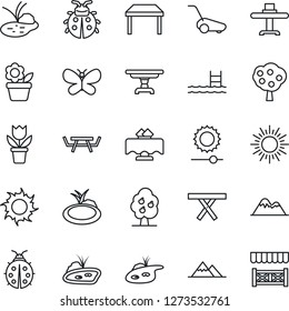 Thin Line Icon Set - sun vector, flower in pot, lawn mower, butterfly, lady bug, pond, picnic table, brightness, pool, fruit tree, mountains, restaurant, alcove