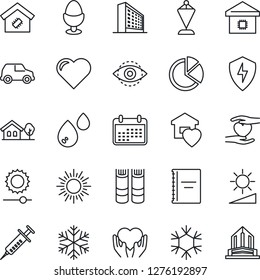 Thin Line Icon Set - sun vector, office building, book, pennant, heart, syringe, hand, protect, brightness, eye id, copybook, pie graph, house with tree, sweet home, smart, egg stand, snowflake, car