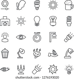 Thin Line Icon Set - sun vector, brainstorm, bulb, garden light, eye, torch, brightness, desk lamp, fireplace, beer, candle, smoke detector, energy saving, outdoor, alarm led, palm sproute, idea