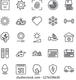 Thin Line Icon Set - sun vector, radar, tree, heart, barbell, term, protect, calendar, brightness, copybook, book, house with, pond, smart home, egg stand, fingerprint, snowflake, palm sproute, car