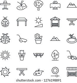 Thin Line Icon Set - sun vector, flower in pot, lawn mower, lady bug, pond, picnic table, brightness, fruit tree, mountains, restaurant, alcove