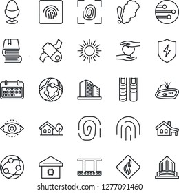 Thin Line Icon Set - sun vector, heart hand, satellite, term, film frame, network, protect, eye id, fingerprint, book, house with garage, tree, pond, smart home, egg stand, smoke detector