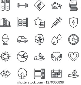 Thin Line Icon Set - sun vector, luggage storage, book, circle chart, tree, heart, syringe, barbell, hand, term, film frame, favorites list, protect, eye id, pie graph, house with garage, egg stand