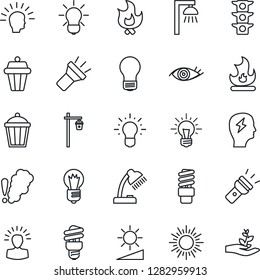 Thin Line Icon Set - sun vector, brainstorm, bulb, fire, garden light, eye, traffic, torch, brightness, desk lamp, smoke detector, energy saving, outdoor, shining head, idea, palm sproute