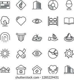 Thin Line Icon Set - sun vector, luggage storage, office building, book, pennant, circle chart, tree, heart, hand, eye, satellite, id, fingerprint, calendar, pie graph, house with, pond, smart home