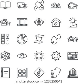Thin Line Icon Set - sun vector, luggage storage, book, heart hand, eye, satellite, film frame, brightness, id, calendar, copybook, pie graph, house with garage, tree, smart home, snowflake, water