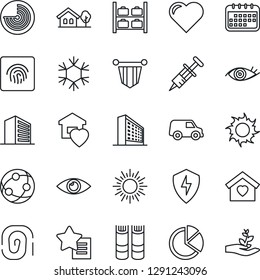 Thin Line Icon Set - sun vector, radar, luggage storage, office building, book, pennant, heart, syringe, eye, network, favorites list, protect, fingerprint id, pie graph, house with tree, sweet home