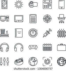 Thin Line Icon Set - sun vector, airport building, mobile phone, case, calendar, syringe, route, settings, tv, video camera, cell, headphones, eye id, copybook, calculator, office chair, target, pc