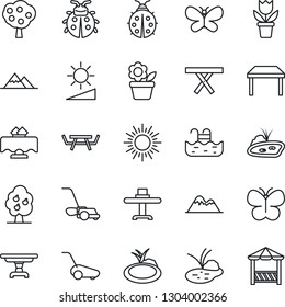 Thin Line Icon Set - sun vector, flower in pot, lawn mower, butterfly, lady bug, pond, picnic table, brightness, pool, fruit tree, mountains, restaurant, alcove