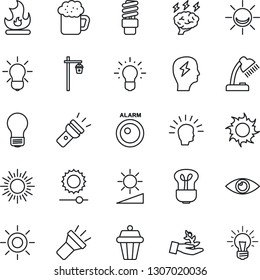 Thin Line Icon Set - sun vector, brainstorm, bulb, fire, garden light, eye, torch, brightness, desk lamp, beer, energy saving, outdoor, alarm led, palm sproute, shining head, idea