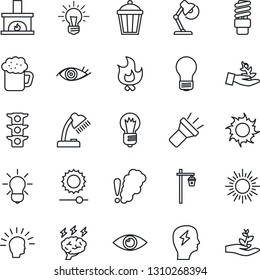 Thin Line Icon Set - sun vector, brainstorm, bulb, fire, garden light, eye, traffic, torch, brightness, desk lamp, fireplace, beer, smoke detector, energy saving, palm sproute, shining head, idea