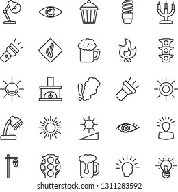 Thin Line Icon Set - sun vector, fire, garden light, eye, traffic, torch, brightness, desk lamp, fireplace, beer, candle, smoke detector, energy saving bulb, alarm led, shining head, idea