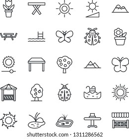 Thin Line Icon Set - sun vector, flower in pot, butterfly, lady bug, pond, picnic table, brightness, pool, fruit tree, mountains, restaurant, alcove