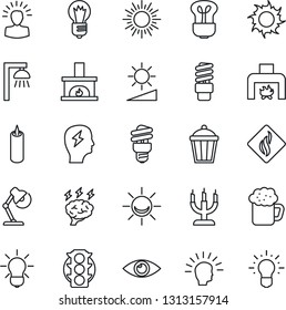 Thin Line Icon Set - sun vector, brainstorm, bulb, garden light, eye, traffic, brightness, desk lamp, fireplace, beer, candle, smoke detector, energy saving, outdoor, alarm led, shining head, idea