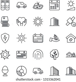 Thin Line Icon Set - sun vector, office building, book, circle chart, tree, heart hand, satellite, protect, calendar, brightness, fingerprint id, house with, pond, smart home, egg stand, car