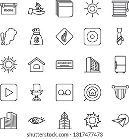 Thin Line Icon Set - sun vector, office building, pennant, money bag, eye, play button, rec, record, chair, blank box, tie, house, rooms, estate search, reserved, smoke detector, jalousie, fridge
