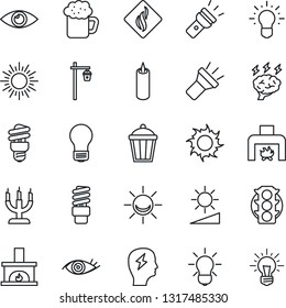 Thin Line Icon Set - sun vector, brainstorm, bulb, garden light, eye, traffic, torch, brightness, fireplace, beer, candle, smoke detector, energy saving, alarm led, idea