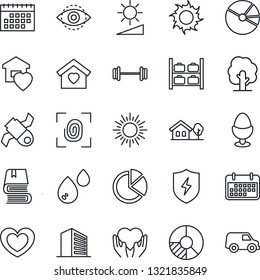 Thin Line Icon Set - sun vector, luggage storage, office building, circle chart, tree, heart, barbell, hand, satellite, term, protect, brightness, eye id, calendar, pie graph, book, house with, car