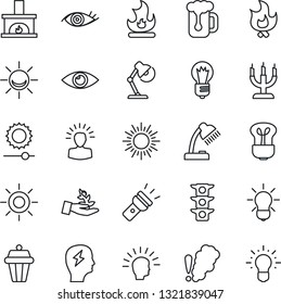 Thin Line Icon Set - sun vector, brainstorm, bulb, fire, eye, traffic light, torch, brightness, desk lamp, fireplace, beer, candle, smoke detector, outdoor, alarm led, palm sproute, shining head