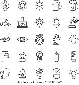 Thin Line Icon Set - sun vector, bulb, fire, eye, desk lamp, fireplace, beer, candle, smoke detector, energy saving, outdoor, alarm led, palm sproute, shining head, idea