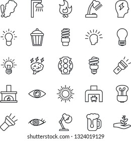 Thin Line Icon Set - sun vector, brainstorm, bulb, fire, garden light, eye, traffic, torch, desk lamp, fireplace, beer, smoke detector, energy saving, outdoor, shining head, idea, palm sproute