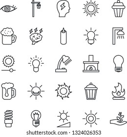 Thin Line Icon Set - sun vector, brainstorm, bulb, fire, garden light, eye, brightness, desk lamp, fireplace, beer, candle, energy saving, outdoor, alarm led, idea, palm sproute