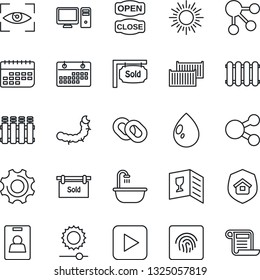 Thin Line Icon Set - sun vector, water drop, caterpillar, cargo container, term, chain, play button, settings, brightness, fingerprint id, calendar, identity card, sold signboard, bathroom, wine, pc