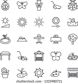 Thin Line Icon Set - sun vector, flower in pot, lawn mower, butterfly, lady bug, pond, brightness, pool, fruit tree, mountains, table, restaurant, alcove