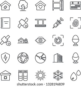 Thin Line Icon Set - sun vector, office building, book, tree, syringe, satellite, film frame, protect, network, eye id, calendar, copybook, pie graph, house with, sweet home, smart, egg stand, water
