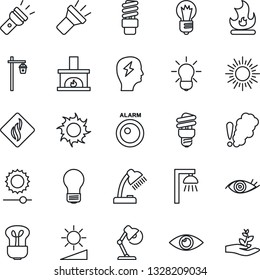 Thin Line Icon Set - sun vector, brainstorm, bulb, fire, garden light, eye, torch, brightness, desk lamp, fireplace, smoke detector, energy saving, outdoor, alarm led, palm sproute