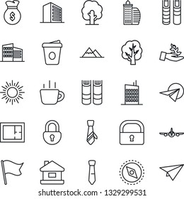 Thin Line Icon Set - sun vector, plane, office building, book, coffee, tree, compass, lock, tie, house, mountains, plan, city, palm sproute, money bag, flag, paper