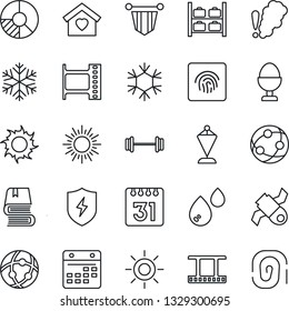 Thin Line Icon Set - sun vector, luggage storage, pennant, circle chart, barbell, satellite, film frame, network, protect, calendar, fingerprint id, book, sweet home, egg stand, snowflake, water
