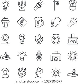 Thin Line Icon Set - sun vector, brainstorm, bulb, fire, garden light, traffic, torch, brightness, desk lamp, fireplace, beer, candle, smoke detector, outdoor, alarm led, palm sproute, shining head