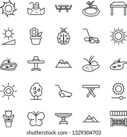 Thin Line Icon Set - sun vector, flower in pot, lawn mower, butterfly, lady bug, pond, picnic table, brightness, pool, fruit tree, mountains, restaurant, alcove