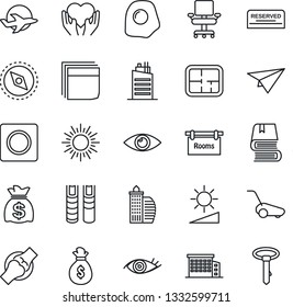 Thin Line Icon Set - sun vector, money bag, lawn mower, heart hand, eye, joint, plane, record, brightness, compass, office chair, blank box, book, plan, rooms, building, city house, reserved, paper