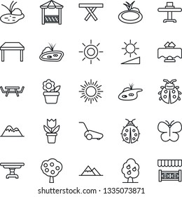 Thin Line Icon Set - sun vector, flower in pot, lawn mower, butterfly, lady bug, pond, picnic table, brightness, fruit tree, mountains, restaurant, alcove