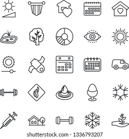 Thin Line Icon Set - sun vector, pennant, circle chart, tree, syringe, barbell, satellite, term, calendar, brightness, eye id, house with, pond, sweet home, egg stand, snowflake, water, car