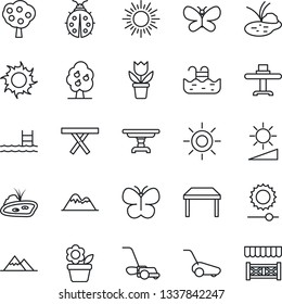 Thin Line Icon Set - sun vector, flower in pot, lawn mower, butterfly, lady bug, pond, picnic table, brightness, pool, fruit tree, mountains, restaurant, alcove