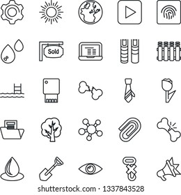 Thin Line Icon Set - sun vector, notebook pc, shovel, tree, water drop, eye, broken bone, no hook, tulip, share, play button, settings, fingerprint id, paper clip, document folder, tie, book, pool