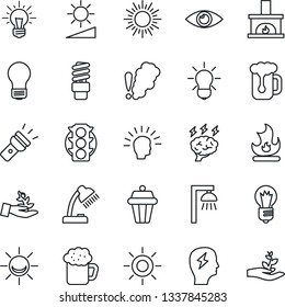 Thin Line Icon Set - sun vector, brainstorm, bulb, fire, eye, traffic light, torch, brightness, desk lamp, fireplace, beer, smoke detector, energy saving, outdoor, alarm led, palm sproute, idea