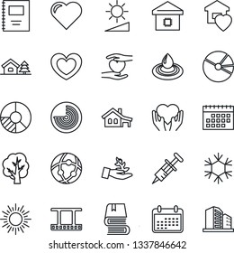 Thin Line Icon Set - sun vector, radar, circle chart, tree, heart, syringe, hand, film frame, network, brightness, calendar, copybook, pie graph, book, house with garage, sweet home, smart, water