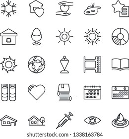 Thin Line Icon Set - sun vector, book, pennant, circle chart, heart, syringe, hand, eye, film frame, favorites list, network, calendar, house with garage, tree, pond, sweet home, smart, egg stand