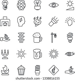 Thin Line Icon Set - sun vector, brainstorm, bulb, fire, garden light, eye, traffic, torch, brightness, fireplace, beer, candle, smoke detector, energy saving, palm sproute, shining head