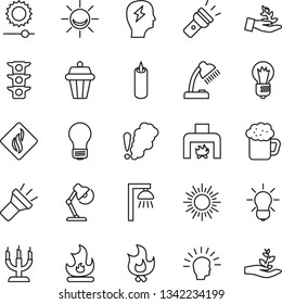 Thin Line Icon Set - sun vector, brainstorm, bulb, fire, traffic light, torch, brightness, desk lamp, fireplace, beer, candle, smoke detector, outdoor, alarm led, palm sproute, shining head